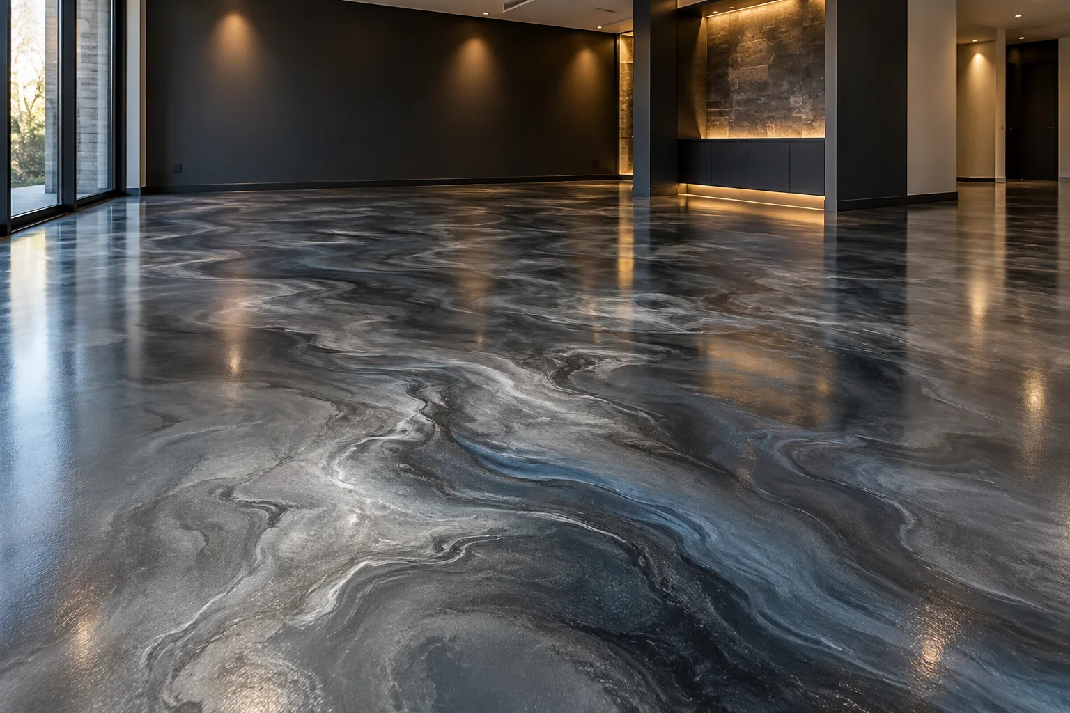 Representative graphite and silver metallic epoxy floor with organic flowing movement