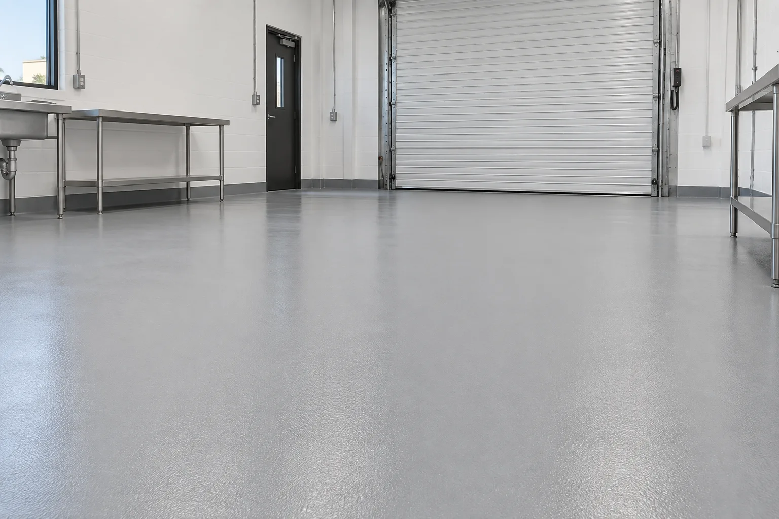 Representative uniform light-gray solid-color resin floor in a commercial service area