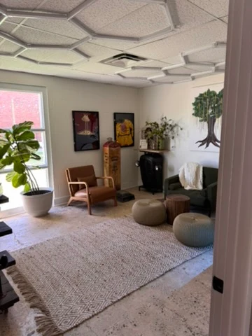 Wedding venue lounge with a natural concrete floor